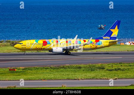 Skymark Airlines Boeing 737-800 Flugzeug Flughafen Tokyo Haneda in Giappone Pikachu Jet BC2 Sonderbemalung Tokio, Giappone. , . Ein Boeing 737-800 Flugzeug der Skymark Airlines mit dem Kennzeichen JA73AB und der Pikachu Jet BC2 Sonderbemalung auf dem Flughafen Tokyo Haneda HND in Giappone. *** Skymark Airlines Boeing 737 800 Aircraft Tokyo Haneda Airport in Japan Pikachu Jet BC2 Special livrea Tokyo, Giappone 6 ottobre 2023 Un aeromobile Skymark Airlines Boeing 737 800 con registrazione JA73AB e la livrea speciale Pikachu Jet BC2 presso l'aeroporto Haneda di Tokyo HND in Giappone credito: Imago/Alamy Live News Foto Stock
