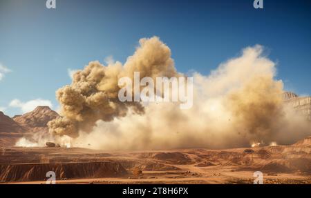 Un'estrema tempesta di polvere dopo il detonatore che esplode sul sito minerario nel deserto Foto Stock