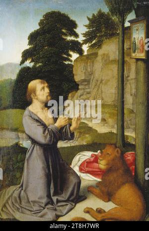 GERARD DAVID, Saint Jerome nel deserto, CA. 1510, dimensioni, 31,5 x 21,8 x 0,4 cm, terreni misti su legno di quercia, Saint Jerome in the Wilderness, pittore, GERARD DAVID, XVI SECOLO, RINASCIMENTO, PITTURA, terreni misti su legno di quercia, LEGNO DI QUERCIA, TECNICA MISTA Foto Stock