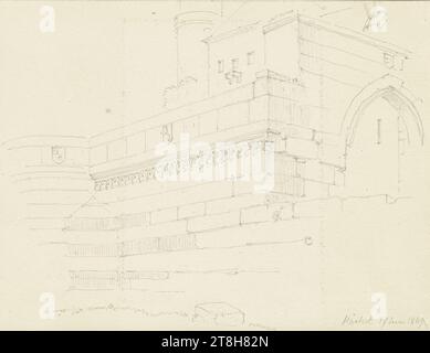 CARL THEODOR REIFFENSTEIN, muro di Höchst e Castello di Höchst, 17 giugno 1869, foglio, 91 x 119 mm, matita su carta, muro di Höchst e Castello di Höchst, CARL THEODOR REIFFENSTEIN, pagina, nastri adesivi, volume 29, pagina 4, numero di parte / totale, 3 / 3, FRANCOFORTE-Höchst, XIX SECOLO, DISEGNO, matita su carta, MISCELA GRAFITE-ARGILLA, CARTA, DISEGNO A MATITA, TEDESCO, STUDIO DI ARCHITETTURA, STUDIO DI VIAGGIO, datato e inciso in basso a destra, a matita, Höchst 17 giugno 1869, numerato sulla pagina sopra il disegno, in penna nera Foto Stock