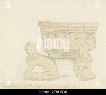 CARL THEODOR REIFFENSTEIN, fonte battesimale a St. Justinus in Höchst, 5 giugno 1869, foglio, 81 x 114 mm, matita, lavaggio rosso-marrone, su carta, fonte battesimale in St Justinus in Höchst, CARL THEODOR REIFFENSTEIN, page, nastri adesivi, volume 29, pagina 5, numero di parte / totale, 2 / 3, FRANCOFORTE-Höchst, XIX SECOLO, DISEGNO, matita, lavaggio rosso-marrone, su carta, MISCELA GRAFITE-ARGILLA, INCHIOSTRO? INCHIOSTRO?, CARTA, DISEGNO A MATITA, LAVARE, TEDESCO, STUDIO DOPO Un'OPERA SCULTOREA, STUDIO DI VIAGGIO, datato e inciso in basso a sinistra, a matita, fonte battesimale nella chiesa di Höchst a M. 5 giugno. 1869., numerato sulla pagina precedente Foto Stock