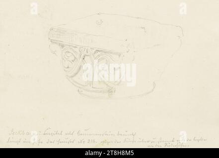 CARL THEODOR REIFFENSTEIN, Capital in Seckbach, 1° ottobre 1870, foglio, 98 x 124 mm, matita su carta, maiuscola a Seckbach, CARL THEODOR REIFFENSTEIN, pagina, nastri adesivi, volume 30, pagina 5, numero di parte / totale, 2 / 3, FRANKFURT-SECKBACH, 19TH CENTURY, DISEGNO, matita su carta, MISCELA GRAFITE-ARGILLA, CARTA, DISEGNO A MATITA, TEDESCO, STUDIO DI ARCHITETTURA, STUDIO DI ORNAMENTI, STUDIO DI VIAGGIO, datato in alto a sinistra, con matita, 1 ottobre 1870; contrassegnato in basso a sinistra: Seckbach. Capitolo utilizzato come pietra fontana / situato nel cortile della casa n. 216. di fronte alla chiesa sopra e proviene dalla cappella / presso il Foto Stock