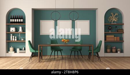 Sala da pranzo con tavolo in legno, sedie in pelle verde, due nicchie con oggetti decorativi su una parete verde - rendering 3d. Foto Stock