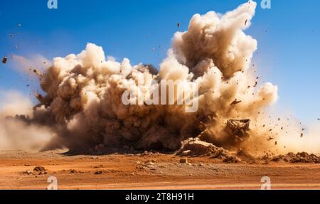 Tempesta di polvere dopo l'esplosione del detonatore sul sito minerario Foto Stock