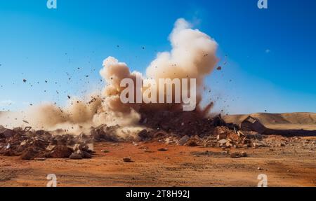 Tempesta di polvere e particelle di roccia volanti durante il detonatore sul sito minerario Foto Stock