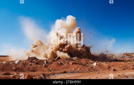 Tempesta di polvere durante il lancio di un detonatore elettrico sul sito minerario a cielo aperto in Cina Foto Stock