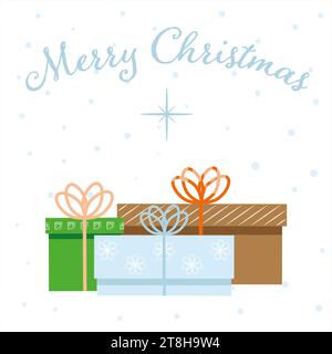 Colorata collezione di confezioni regalo con auguri di buon Natale, fiocchi e illustrazioni vettoriali dei paterni decorativi Foto Stock