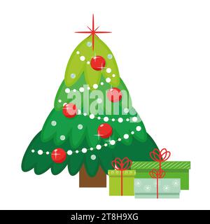 Albero di Natale di Capodanno verde festivo con scatole regalo verdi e fiocchi rossi e carta illustrativa vettoriale decorata con palline rosse e bianche. Foto Stock