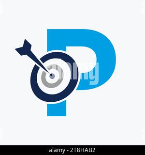 Combinazione del logo di destinazione con freccia a lettera P con simbolo di destinazione arco Illustrazione Vettoriale
