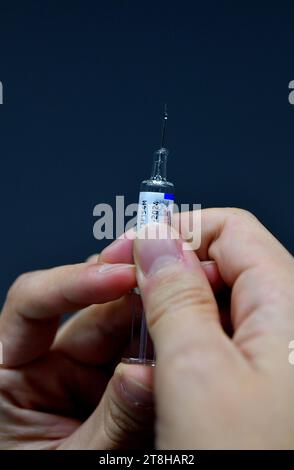 Zagabria, Croazia. 20 novembre 2023. Un medico ha una siringa con il vaccino contro l'influenza, a Zagabria, Croazia, il 20 novembre 2023. Foto: Sandra Simunovic/PIXSELL credito: Pixsell/Alamy Live News Foto Stock