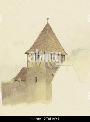 CARL THEODOR REIFFENSTEIN, City Wall Tower in Michelstadt, 4 agosto 1875, foglio, 162 x 125 mm, penna marrone e acquerello su matita su carta, City wall tower in Michelstadt, CARL THEODOR REIFFENSTEIN, pagina, nastri adesivi, volume 33, pagina 7, numero di parte / generale, 1 / 2, XIX SECOLO, DISEGNO, penna marrone e acquerello su matita su carta, INCHIOSTRO?, INCHIOSTRO?, ACQUERELLO, MISCELA GRAFITE-ARGILLA, CARTA, DISEGNO A PENNA, ACQUERELLO, DISEGNO A PENNELLO, DISEGNO A MATITA, TEDESCO, DISEGNO a GRANDEZZA DI IMMAGINE, datato e inciso in basso a sinistra, con penna marrone, Michelstadt. 4 agosto 1875, numerato sulla pagina sopra il Foto Stock