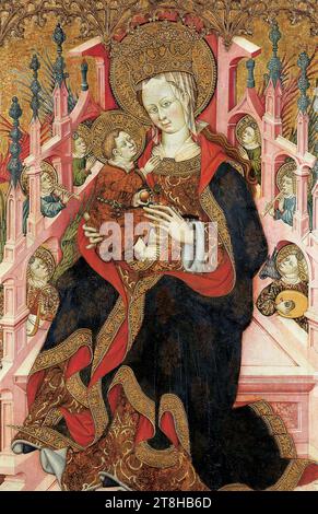 MAESTRO BURNHAM, Madonna in trono con bambino e angeli che fanno musica, ca. 1430, dimensioni, 174,2 x 124,4 x min. 2,3 cm, profondità max, 2,4 cm, legno di abete rosso, Madonna in trono con bambino e angeli che fanno musica, pittore, MAESTRO BURNHAM, XV SECOLO, PITTURA, legno di abete rosso, LEGNO DI ABETE ROSSO Foto Stock