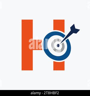 Combinazione del logo di destinazione con freccia a lettera H con simbolo di destinazione arco Illustrazione Vettoriale