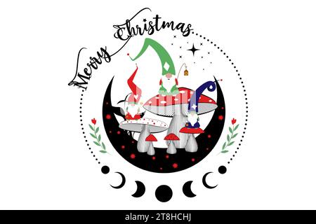 Gli Gnomi magici nel mistico bosco di funghi sulla luna a mezzaluna e sulle stelle. Simbolo del concetto di Natale, fungo esoterico stregato e fasi lunari. Magica Illustrazione Vettoriale