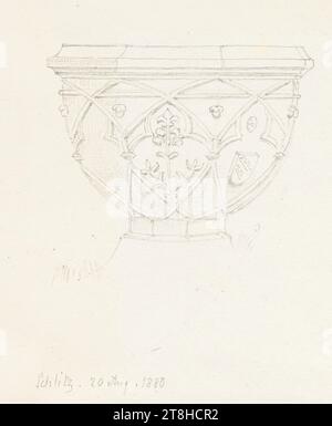 CARL THEODOR REIFFENSTEIN, fonte battesimale nel giardino parrocchiale di Schlitz, 20 agosto 1880, foglio, 159 x 126 mm, matita su carta, fonte battesimale nel giardino parrocchiale di Schlitz, CARL THEODOR REIFFENSTEIN, pagina, nastri adesivi, volume 36, pagina 38, numero di parte / totale, 2 / 3, SCHLITZ, XIX SECOLO, DISEGNO, matita su carta, MISCELA GRAFITE-ARGILLA, CARTA, DISEGNO A MATITA, TEDESCO, STUDIA DOPO Un'OPERA SCULTOREA, STUDIO SUGLI ORNAMENTI, STUDIO DI VIAGGIO, datato e inciso in basso a sinistra, a matita, Schlitz. 20 agosto 1880 / nel giardino parrocchiale / 1467, numerato sulla pagina sotto il disegno, con penna in nero Foto Stock