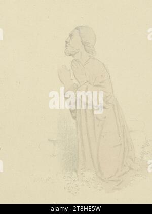 CARL THEODOR REIFFENSTEIN, scultura di un Cristo dalla scena del Monte degli Ulivi, 13 agosto 1883, foglio, 153 x 109 mm, matita, lavaggio giallo-marrone, su carta, scultura di un Cristo dalla scena del Monte degli Ulivi, CARL THEODOR REIFFENSTEIN, pagina, nastri adesivi, volume 38, pagina 65, numero di parte / totale, 1 / 2, KEMPTEN AM RHEIN, 19TH CENTURY, DISEGNO, matita, lavaggio giallo-marrone, su carta, MISCELA GRAFITE-ARGILLA, INCHIOSTRO? INCHIOSTRO?, CARTA, DISEGNO A MATITA, LAVARE, TEDESCO, STUDIO DI VIAGGIO, STUDIO DOPO Un'OPERA DI SCULTURA, datata e incisa in basso a sinistra, a matita, Kempten alla chiesa. 13 agosto 1883, numerato sul Foto Stock