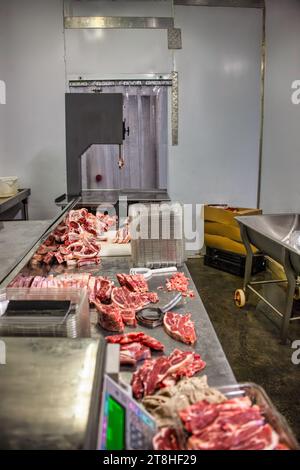 impianto di lavorazione della carne, sala di congelamento, carne di manzo e scala in primo piano Foto Stock