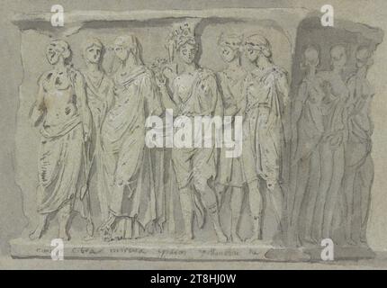 ITALIANO, XVIII SECOLO, rilievo di un sarcofago antico, foglio, 176 x 247 mm, penna nera, lavaggio grigio, accresciuto di bianco, su carta a coste fatta a mano, rilievo di un sarcofago antico, italiano, XVIII secolo, numero di parte / totale, 105 / 126, XVIII secolo, barocco, disegno, matita nera, grigia, lucida, bianca, su una carta a coste fatta a mano, gesso, carbone, inchiostro, colore della copertina, Unione di carta, carta per le mani, disegno a matita, disegno a gesso?, ITALIANO, STUDIA DOPO UN'OPERA SCULTOREA Foto Stock