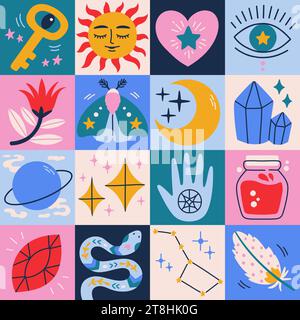 Colorato motivo geometrico moderno. Illustrazione di cartoni animati celesti mistici con forme geometriche, occhi, luna e stelle Illustrazione Vettoriale