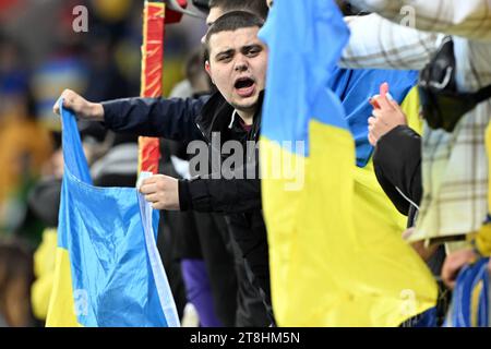 Leverkusen, Germania. 20 novembre 2023. Calcio: Qualificazioni ai campionati europei, Ucraina - Italia, fase a gironi, gruppo C, giorno della partita 10, nella BayArena.i tifosi ucraini festeggiano la loro squadra. Credito: Federico Gambarini/dpa/Alamy Live News Foto Stock