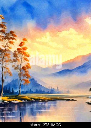 "Un capolavoro artistico che raffigura montagne, fiumi, foreste e alberi: La natura al suo meglio." Illustrazione Vettoriale