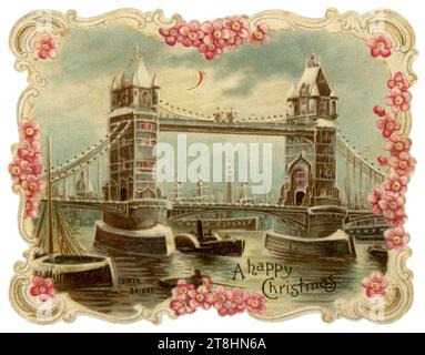 Originale e bellissimo biglietto di auguri vittoriano di Natale Vittoriano "Hold to Light" del Tower Bridge, Londra. caldaia a vapore sottostante. Saluto è augurare un felice Natale a Londra, Inghilterra, Regno Unito circa anni '1880 '1890 Foto Stock