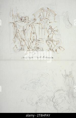 GIOVANNI BATTISTA TIEPOLO, o GIOVANI Scuola BATTISTA TIEPOLO, Rinaldo è incantato da Armida e Rinaldo e dal Mago di Ascalona, ca. 1740 - 1742, foglio, 406 x 281 mm, penna nera e penna marrone su carta a coste, Rinaldo è incantato da Armida, Rinaldo e il Mago di Ascalona, GIOVANNI BATTISTA TIEPOLO, scuola GIOVANNI BATTISTA TIEPOLO; alternativa, XVIII SECOLO, DISEGNO, penna nera e penna marrone su carta a coste fatta a mano, CARBONE?, GESSO?, INCHIOSTRO?, INCHIOSTRO?, CARTA A COLORI, CARTA DA COSTRUZIONE, DISEGNO A PENNA, DISEGNO A CARBONE?, DISEGNO A GESSO?, DISEGNO A PENNA, VENEZIANO, STUDIO DELLE FIGURE, STUDIO DEL MOVIMENTO Foto Stock