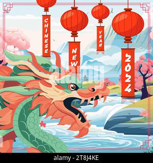 Banner del Capodanno cinese 2024. Segno zodiacale del drago cinese sullo sfondo del fiume con lanterne. Poster della piazza del festival asiatico. Copertina artistica per la tipografia creativa. Serpente vettoriale mitico tradizionale orientale Illustrazione Vettoriale