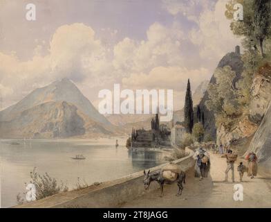 Varenna sul Lago di Como, Rudolf von Alt, Vienna 1812 - 1905 Vienna, 1840, disegno, acquerello su disegno a matita delicato, 21,5 x 28,2 cm, verso: 'Varenna sul Lago di Como', Austria Foto Stock