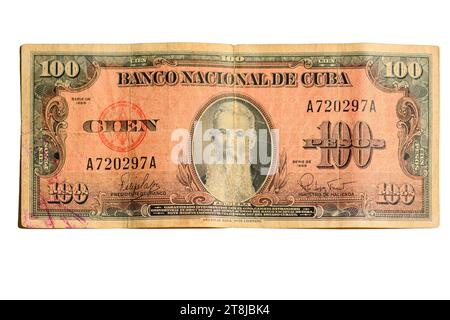 Valuta cubana vintage. Vecchi cento pesos di banconote di carta Foto Stock