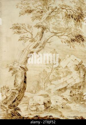Paesaggio arboreo con lastre di roccia, Marco Ricci, Belluno 1676 - 1729 Venezia, disegno, inchiostro, penna, 27,8 x 20,2 cm Foto Stock