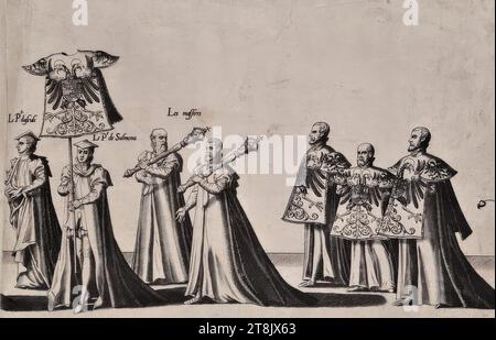 Cerimonie funebri per l'imperatore Carlo V il 29 dicembre 1558 a Bruxelles: Processione, tavola 25, De seer schoone ordonnantie vanden rouwe des wtvaerts vanden aldermachtichsten end onverwinlicksten Carolo de Viifste, Roomsche Keyser, Hoochlooflicker ghedachtenisse: Ghehovden all'interno della città di Bruessele il XXIX . Tetto di decembri, M.D.LVIII. duer Philippum Coninck van Spaengien &c.. Synen Soon, Anversa, Christoph Plantin, 1559, 1559, stampa, incisione su carta, foglio: 27,1 x 34,5 cm, [l.u.] '25 Foto Stock