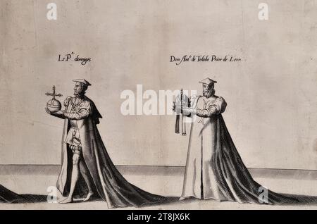 Cerimonie funebri per l'imperatore Carlo V il 29 dicembre 1558 a Bruxelles: Processione, tavola 28, De seer schoone ordonnantie vanden rouwe des wtvaerts vanden aldermachtichsten end onverwinlicksten Carolo de Viifste, Roomsche Keyser, Hoochlooflicker ghedachtenisse: Ghehovden all'interno della città di Bruessele il XXIX . Tetto di decembri, M.D.LVIII. duer Philippum Coninck van Spaengien &c.. Synen Soon, Anversa, Christoph Plantin, 1559, 1559, stampa, incisione su carta, foglio: 27,1 x 31,4 cm, [l.u.] '28 Foto Stock