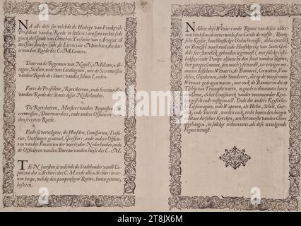 Cerimonie funebri per l'imperatore Carlo V il 29 dicembre 1558 a Bruxelles: Foglio di testo 3, De seer schoone ordonnantie vanden rouwe des wtvaerts vanden aldermachtichsten ende onverwinlicksten Carolo de Viifste, Roomsche Keyser, Hoochlooflicker ghedachtenisse: Ghehovden nella città di Bruessele il XXIX. Tetto di decembri, M.D.LVIII. duer Philippum Coninck van Spaengien &c.. Synen Soon, Anversa, Christoph Plantin, 1559, 1559, stampa, tipo stampa su carta, foglio: 27,5 x 37,2 cm Foto Stock