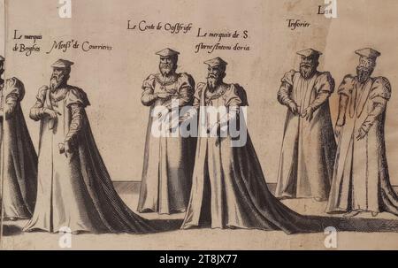 Cerimonie funebri per l'imperatore Carlo V il 29 dicembre 1558 a Bruxelles: Processione, tavola 32, De seer schoone ordonnantie vanden rouwe des wtvaerts vanden aldermachtichsten end onverwinlicksten Carolo de Viifste, Roomsche Keyser, Hoochlooflicker ghedachtenisse: Ghehovden all'interno della città di Bruessele il XXIX . Tetto di decembri, M.D.LVIII. duer Philippum Coninck van Spaengien &c.. Synen Soon, Anversa, Christoph Plantin, 1559, 1559, stampa, incisione su carta, foglio: 27,3 x 27,2 cm, [l.u.] '32 Foto Stock