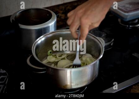 Le cipolle vengono fritte nella padella. Condimento alimentare. Foto Stock