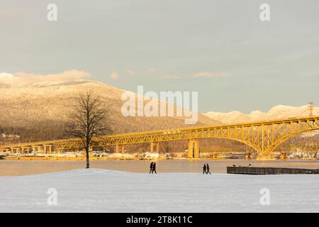 Ironworkers Memorial Second Narrows che attraversa Burrard Inlet con le North Shore Mountains sullo sfondo, vista da New Brighton Park, Vancouver, Brit Foto Stock