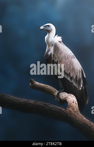 Eurasian Griffon Vulture (gyps fulvus) su sfondo blu Foto Stock