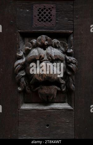 Volto di un leone scolpito su una porta nel quartiere medievale di Rouen, in Normandia Foto Stock