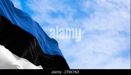 Bandiera nazionale dell'Estonia che sventola al vento in una giornata limpida. tricolore orizzontale con tre bande uguali di blu, nero e bianco. illustrazione 3d r Foto Stock