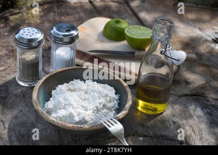 Spalmabile di erbe fatte in casa a base di feta, qwark, jogurt, olio e succo di limone, sale, pepe e aglio selvatico Foto Stock