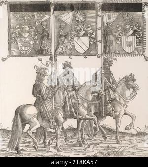 Processione trionfale dell'imperatore Massimiliano i: Bandiera di Anversa, Salins e Mechelen, Processione trionfale dell'imperatore Massimiliano i, Albrecht Altdorfer, Germania, 1480 - 1538, 1796, prima edizione 1526, stampa, taglio su legno Foto Stock