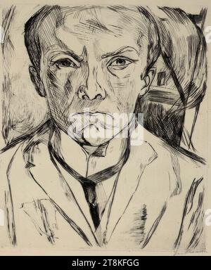 Autoritratto dalla parte anteriore, timpano sullo sfondo, Max Beckmann, Lipsia 1884 - 1950 New York, 1918, stampa, punto a secco, foglio: 445 mm x 378 mm Foto Stock