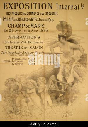 EXPOSITION Internat.le DES PRODUITS DU COMMERCE & DE l'INDUSTRIE; PALAIS des BEAUX-ARTS & Galerie Rapp; CHAMP DE MARS; 1893, Adolphe Willette, Châlons-sur-Marne 1857 - 1926 Parigi, 1893, stampa, litografia a gesso, foglio: 1400 mm x 990 mm Foto Stock