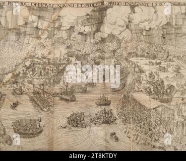 Descrizione dettagliata e breve del treno vecchio e giovane ...: Lo spettacolo-assalto di una città sul Danubio sull'acqua e sulla terra, Pictura oppiduli navali et pedestri prelio expugnati, Johann Twenger, Steyr 1543-1603 Breslau, 1563, stampa, incisione, foglio: 60 x 40,5 cm Foto Stock