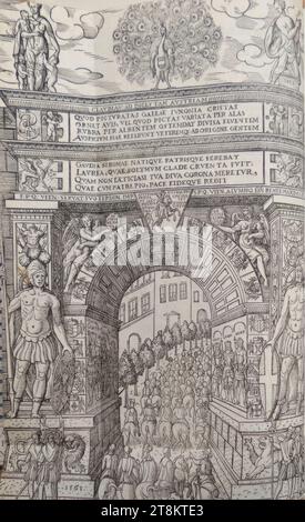 Descrizione completa e breve della processione vecchia e giovane ...: Arco trionfale con pavone, in occasione dell'ingresso dell'imperatore Massimiliano II a Vienna, Donat Hübschmann, Lipsia prima del 1540 - 1583 Vienna, 1563, stampa, taglio del legno, foglio: 27,4 x 18 cm, Austria Foto Stock