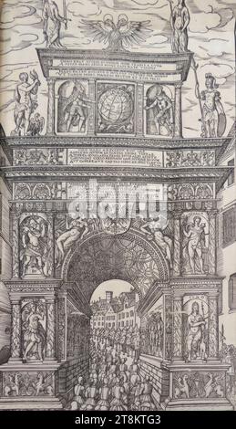 Descrizione completa e breve della processione vecchia e giovane ...: Porta Trionfale eretta per l'ingresso dell'imperatore Massimiliano II a Vienna, Donat Hübschmann, Lipsia prima del 1540 - 1583 Vienna, 1563, stampa, taglio a legna, foglio: 37,5 x 23,2 cm, Austria Foto Stock