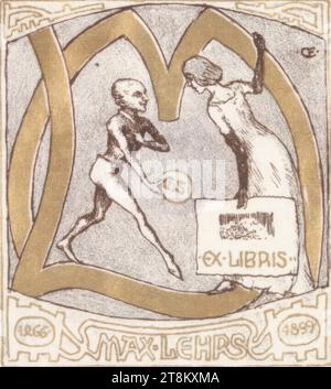 Exlibris Max Lehrs, Emil Orlik, Praga 1870 - 1932 Berlino, 1899, stampa, litografia; in grigio e oro, raffigurazione: 7,4 cm x 6,5 cm, nella pietra M.u. 'MAX / TEACHERS Foto Stock