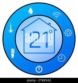 Sistema domestico intelligente. Display del termostato che mostra la temperatura ambiente in scala Celsius e diverse icone su sfondo bianco Foto Stock