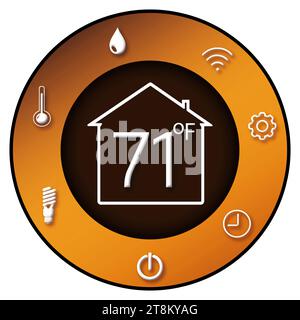 Sistema domestico intelligente. Display del termostato che mostra la temperatura ambiente in scala Fahrenheit e diverse icone su sfondo bianco Foto Stock